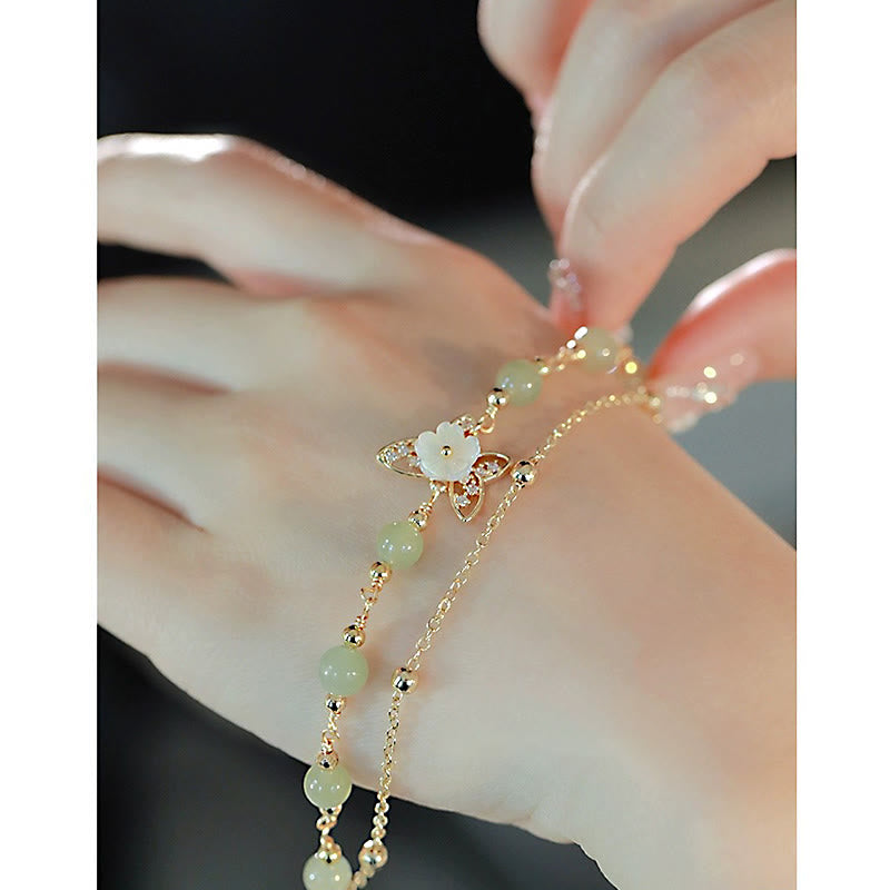 Bracelet porte-bonheur papillon en jade plaqué or 14 carats à double couche