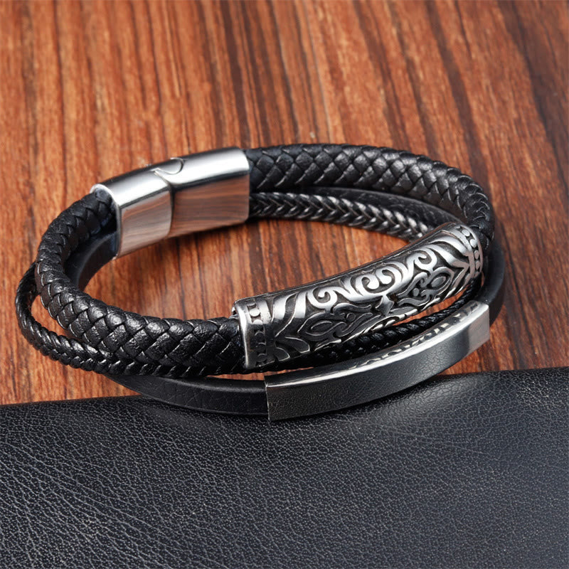 Bracelet double couche en cuir et acier titane à motif floral | Force et équilibre