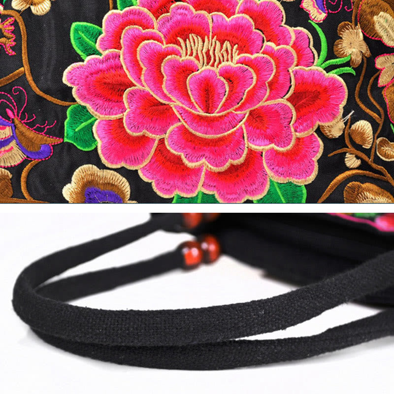 Sac à main en toile de coton brodé recto verso avec symboles de prospérité