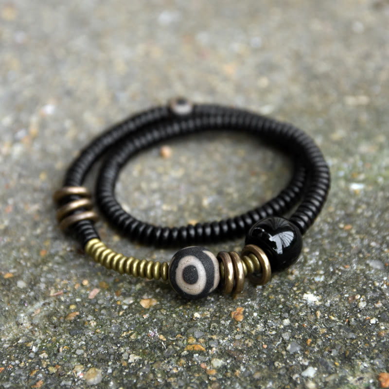 Bracelet double tour en bois d'ébène et obsidienne de santal vert pour le calme