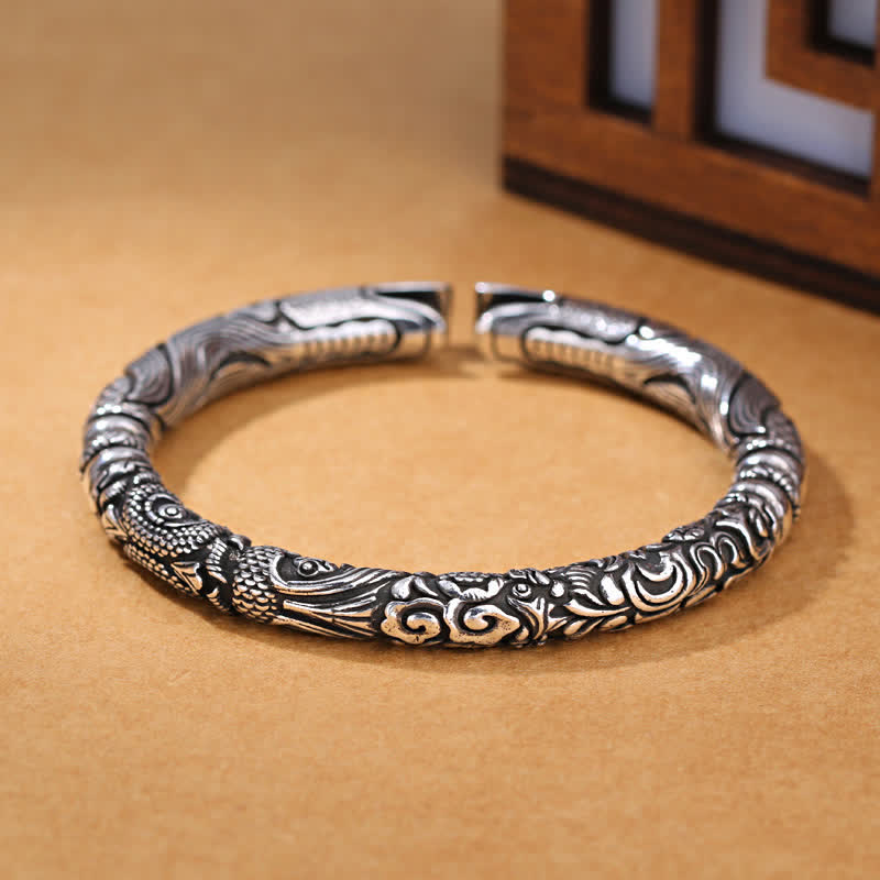 Bracelet porte-bonheur sculpté en tête de dragon en cuivre et argent 8 mm