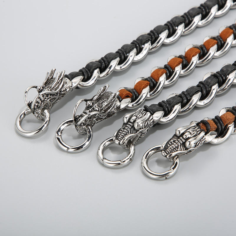 Bracelet de protection en cuir de dragon et acier titane 21 cm