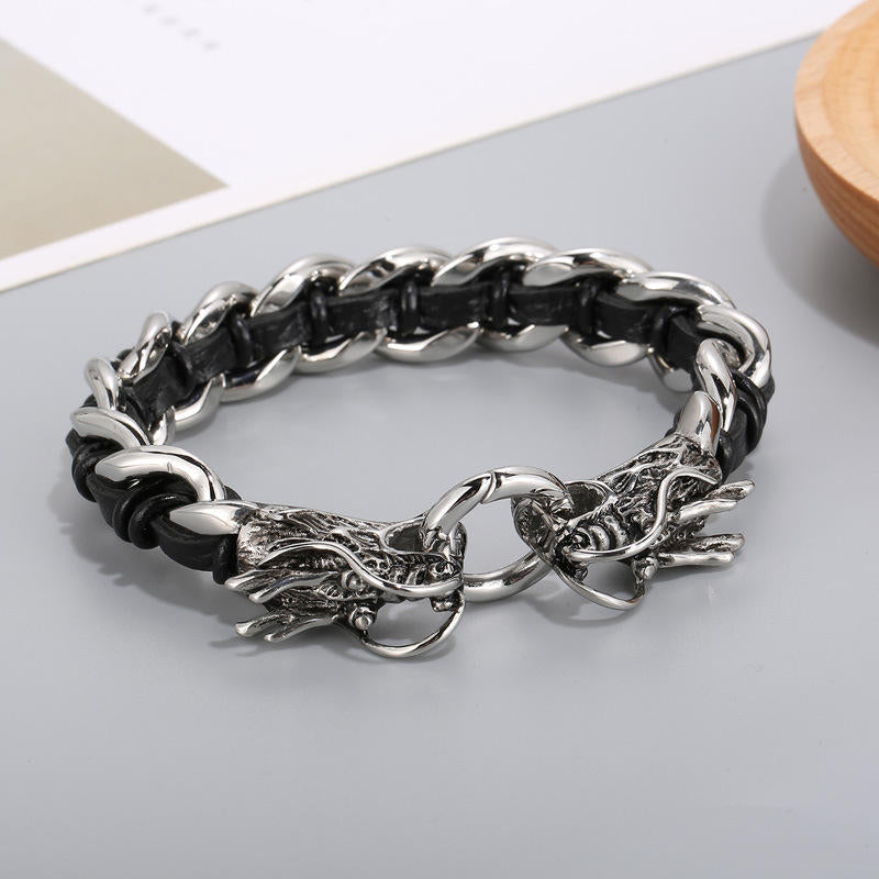 Bracelet de protection en cuir de dragon et acier titane 21 cm