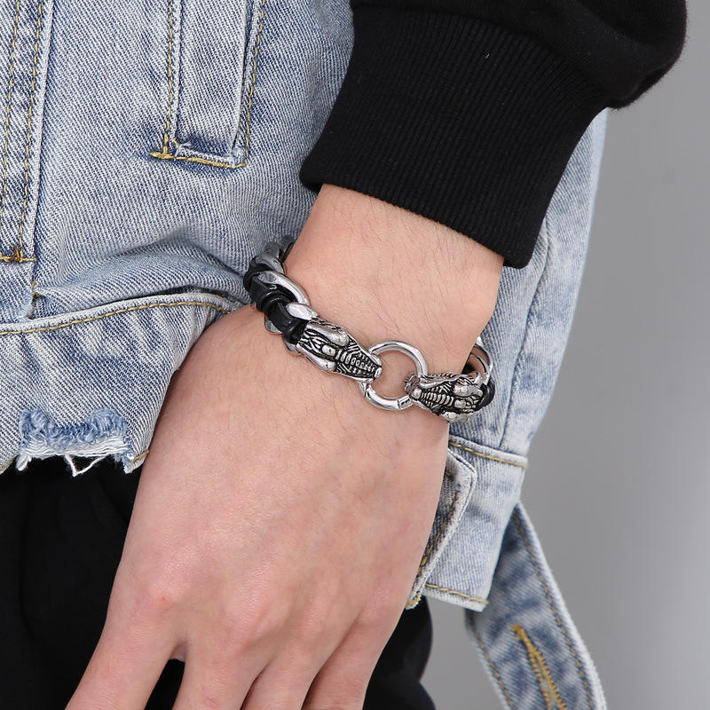 Bracelet de protection en cuir de dragon et acier titane 21 cm