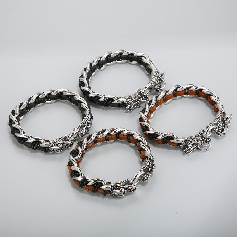 Bracelet de protection en cuir de dragon et acier titane 21 cm
