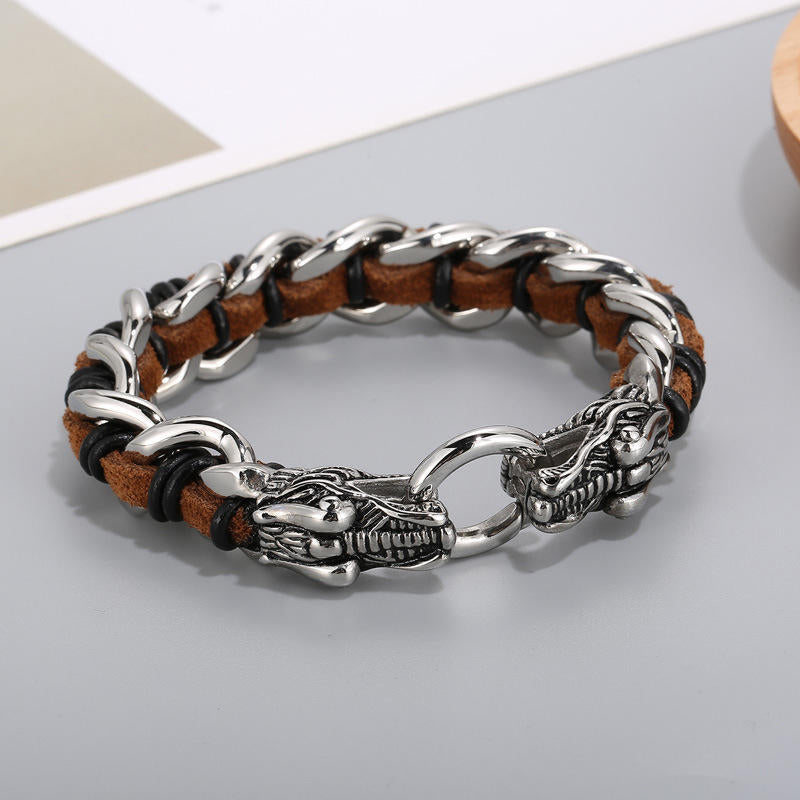 Bracelet de protection en cuir de dragon et acier titane 21 cm