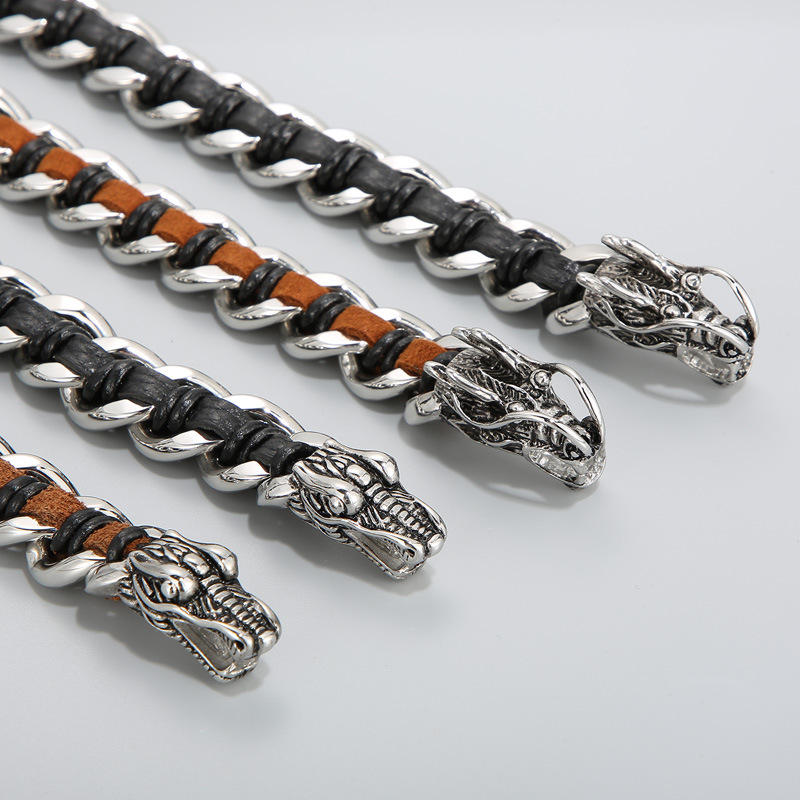 Bracelet de protection en cuir de dragon et acier titane 21 cm