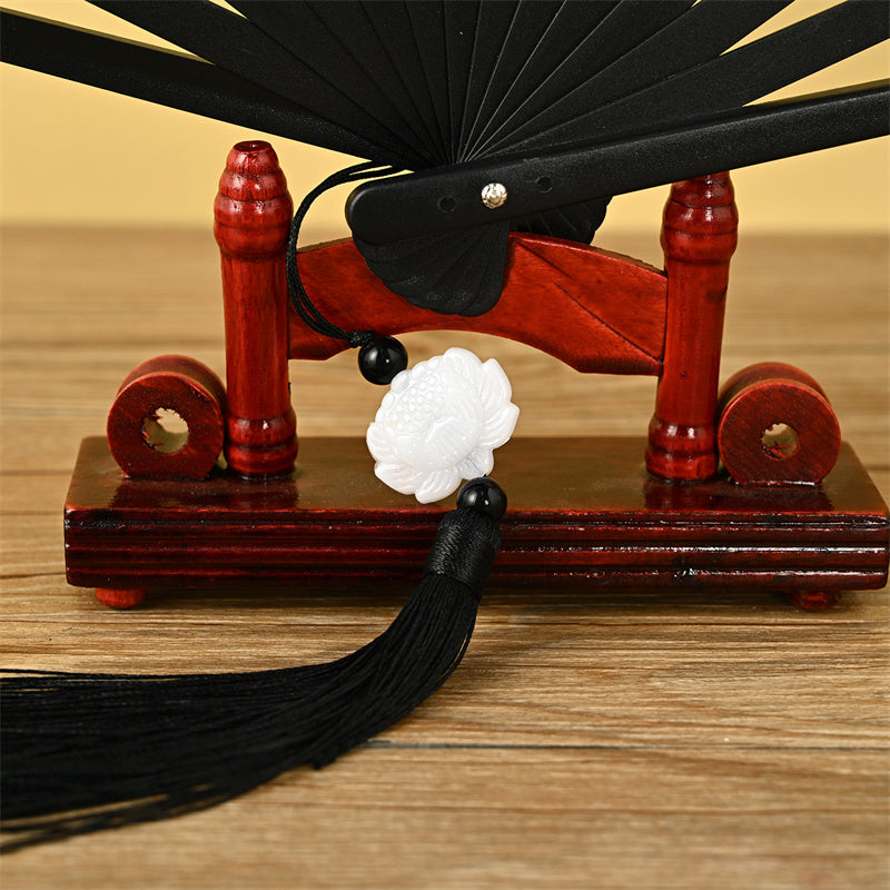 Éventail pliant Dragon Phénix Tigre Grue avec pompon Lotus