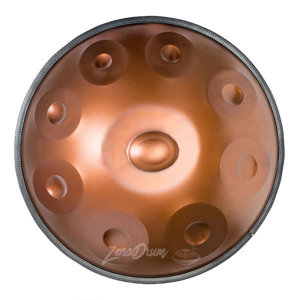 Copper E Equinox Handpan Drum with dimpled tone fields in circular pattern