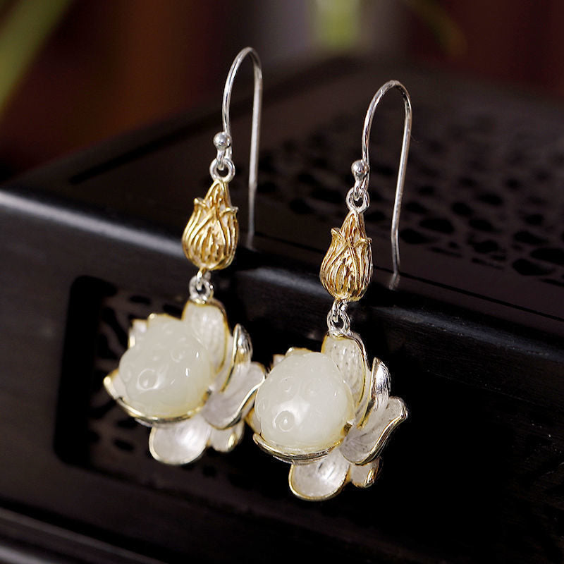 Boucles d'oreilles pendantes Lotus Harmonie Protection Jade Blanc
