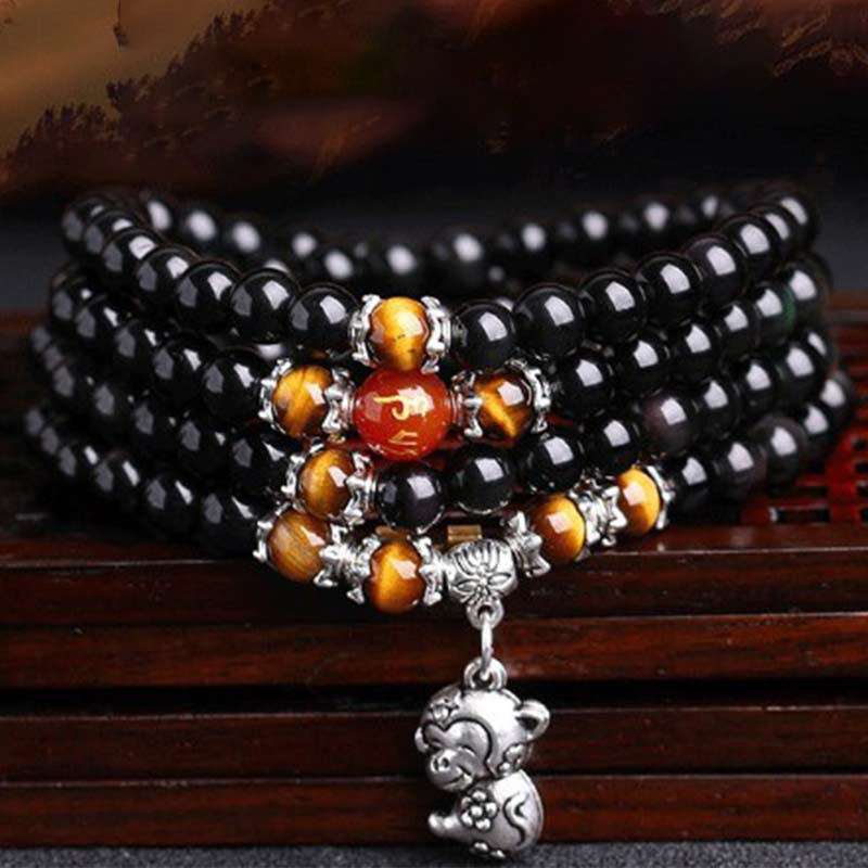 Bracelet 108 perles en obsidienne noire œil de tigre signe du zodiaque chinois