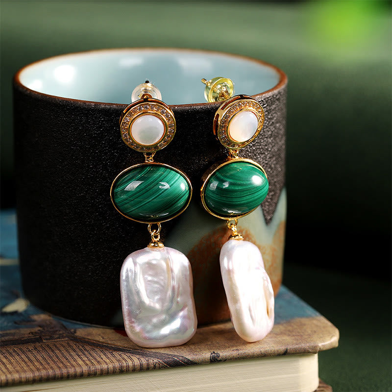 925 Sterling Silver Malachite Baroque Pearl Healing Wisdom Drop Earrings