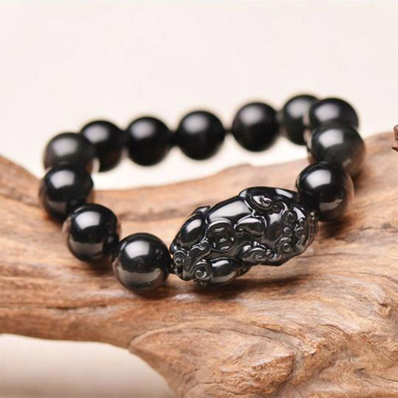 Unisex 10mm Obsidian Pixiu Wealth Bracelet for Feng Shui