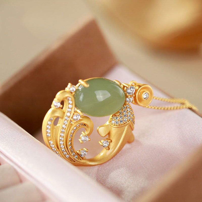 Collier de guérison en jade cyan avec poisson koï 40+5 cm unisexe