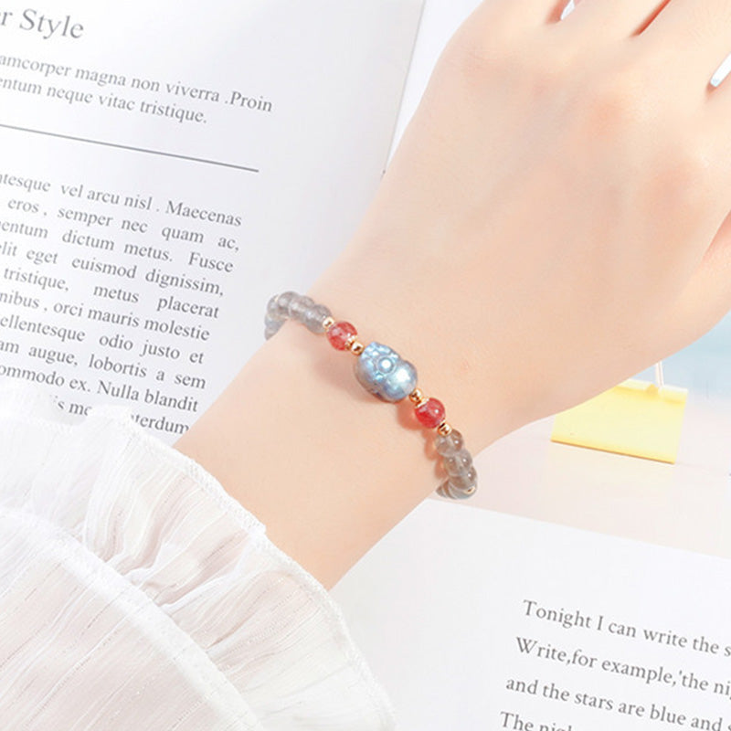 Moonstone Strawberry Quartz Pixiu Bracelet for Wealth & Love