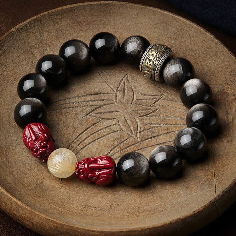 Gold Sheen Obsidian Protection Bracelet PiXiu Cinnabar 15-20cm
