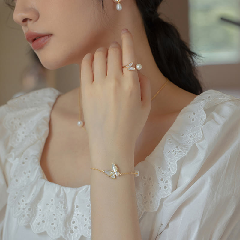 14K Gold Pearl Tridacna Butterfly Jewelry Set - Ring Necklace Earrings