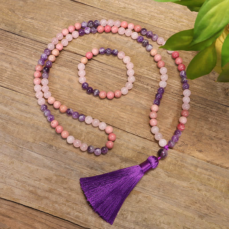 Bracelet Mala en améthyste et quartz rose, 108 perles