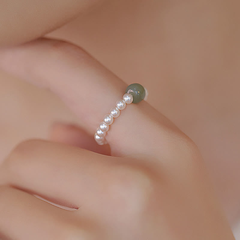 Bague porte-bonheur en perles de jade de 6 à 7 mm et perles de 3 mm