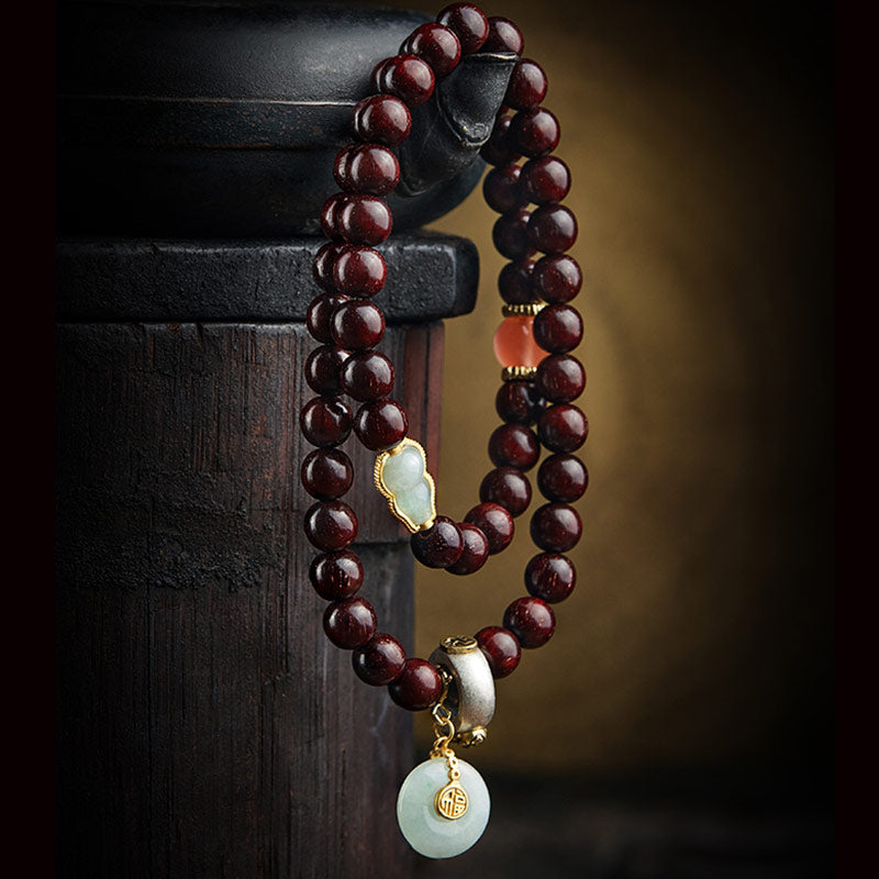 Chinese Zodiac Bracelet with Small Leaf Red Sandalwood & Jade for Protection