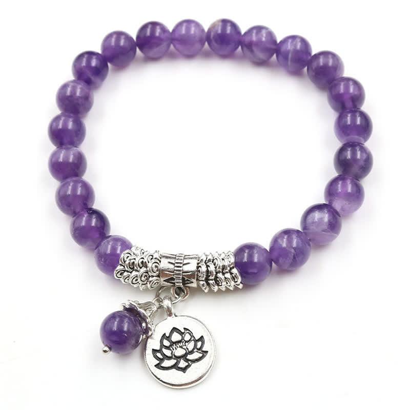 8mm Amethyst Healing Balance Bracelet with Lotus Symbol