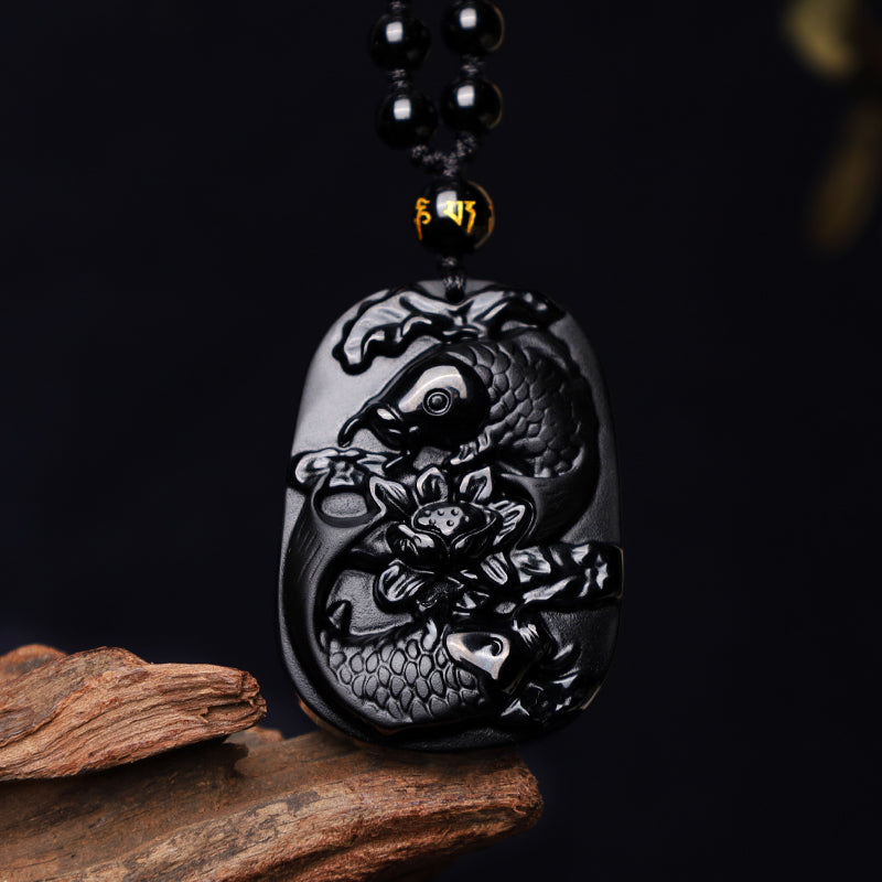 Natural Black Obsidian Koi Fish Lotus Strength Necklace