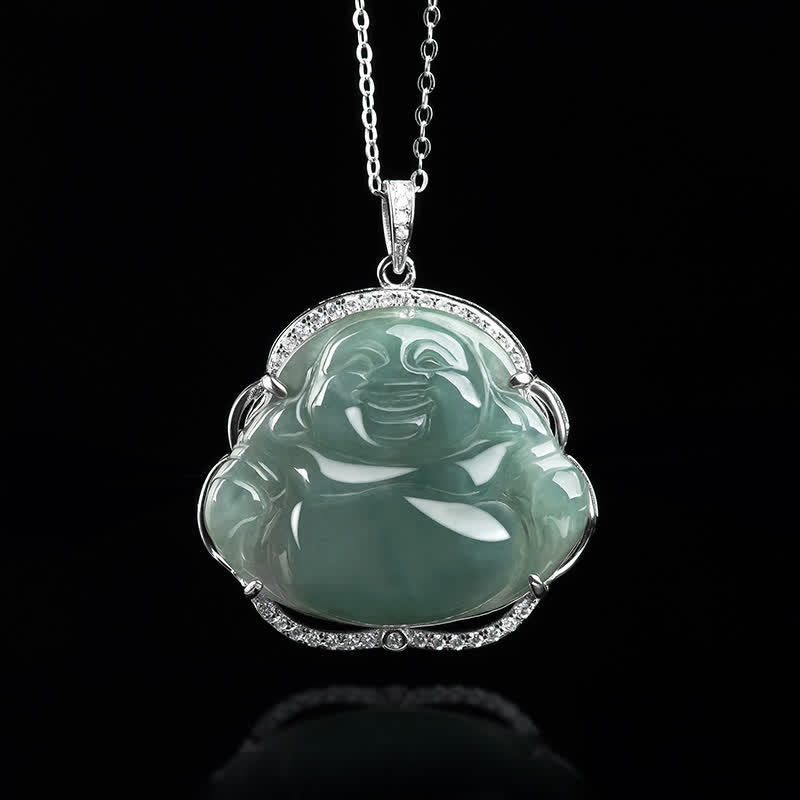 Collier Bouddha rieur en jade en argent sterling 925 pour la chance