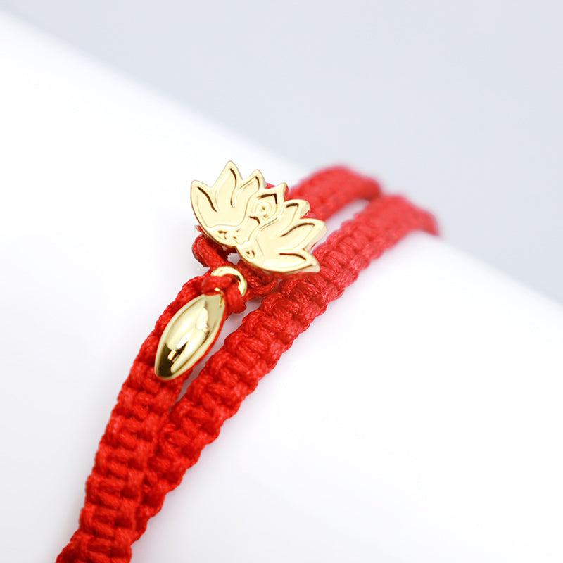 Bracelet Lotus Rose Cristal Rouge Cordon 38 cm Unisexe