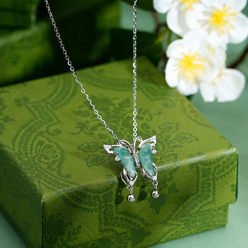 Collier porte-bonheur papillon en argent sterling 925 et jade vert