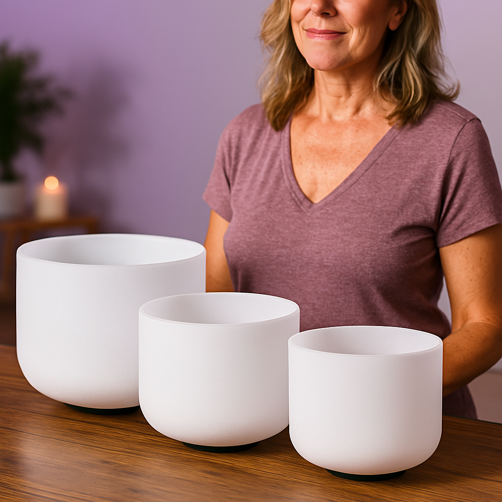 Ensemble de bols chantants en cristal de quartz givré 8"A 10"E 12"C