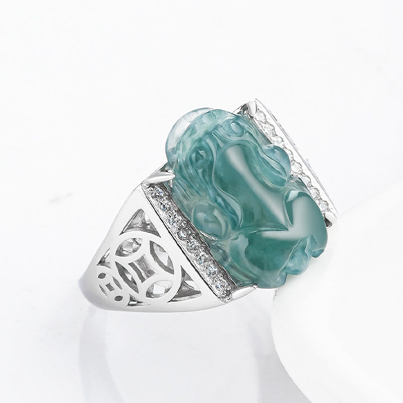Bague Pixiu en argent sterling et jade pour la richesse et la chance
