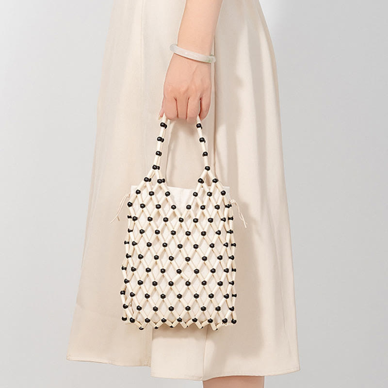 Sac en maille tissée à la main avec perles creuses en bois | Bijoux spirituels