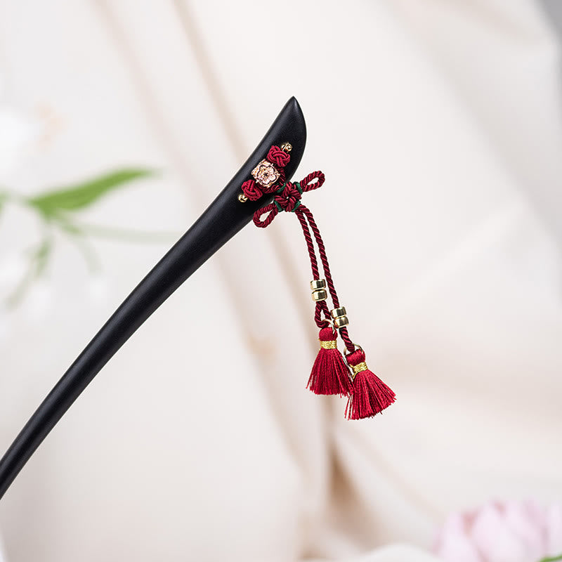 Épingle à cheveux en ébène avec pompon en ficelle rouge pour la protection et la chance