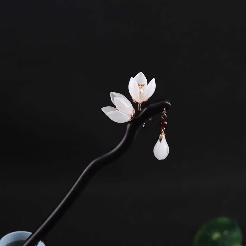 Épingle à cheveux chinoise en pétales de fleur de magnolia ébène, bénédiction