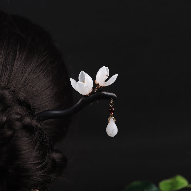 Épingle à cheveux chinoise en pétales de fleur de magnolia ébène, bénédiction