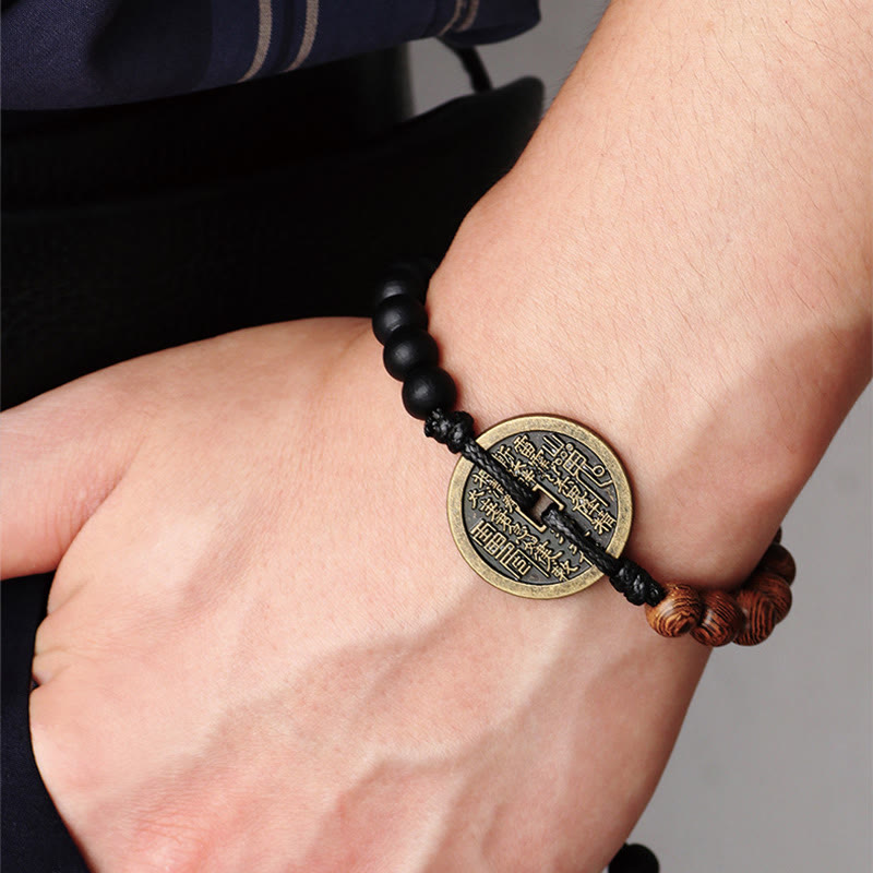 Bracelet de protection en bois d'ébène et pièces de cuivre Bagua