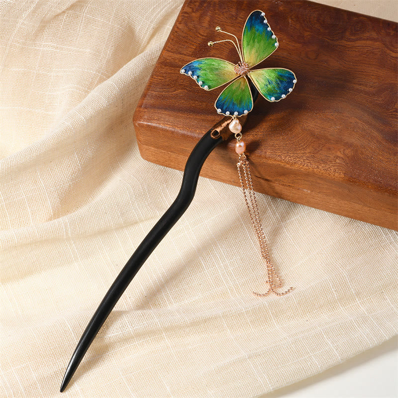 Épingle à cheveux papillon en bois d'ébène et perles | Élégance traditionnelle chinoise