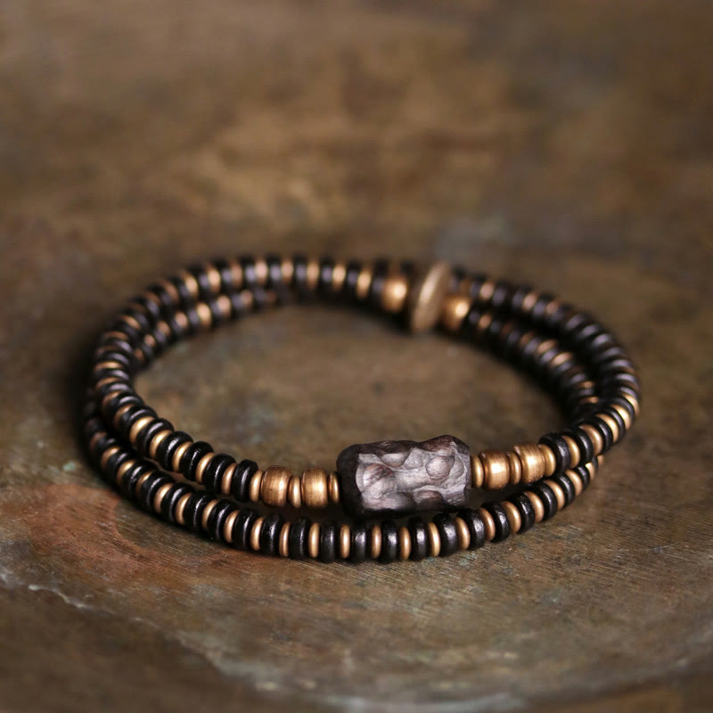 Bracelet double tour en bois d'ébène et bois de santal vert pour le calme