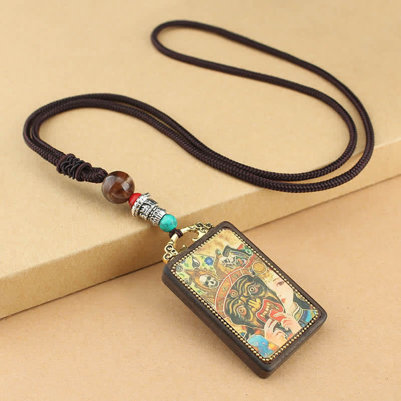 Collier pendentif en bois d'ébène avec cinq dieux de la richesse | Paix