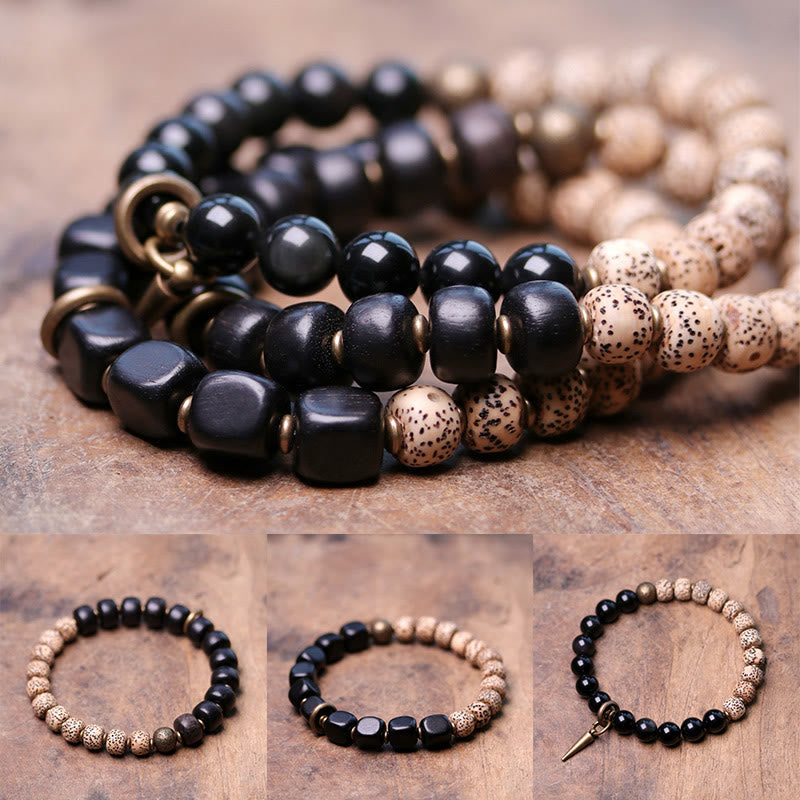 Bracelet de paix en bois d'ébène et obsidienne 15 cm unisexe