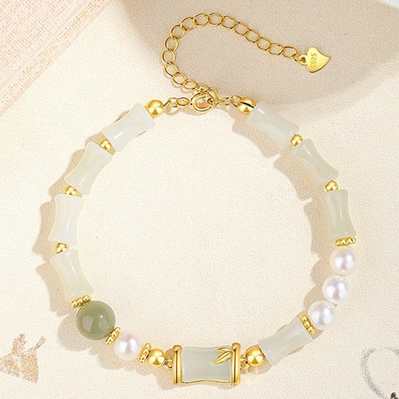 Bracelet en jade blanc Hetian | Argent sterling et bambou, porte-bonheur