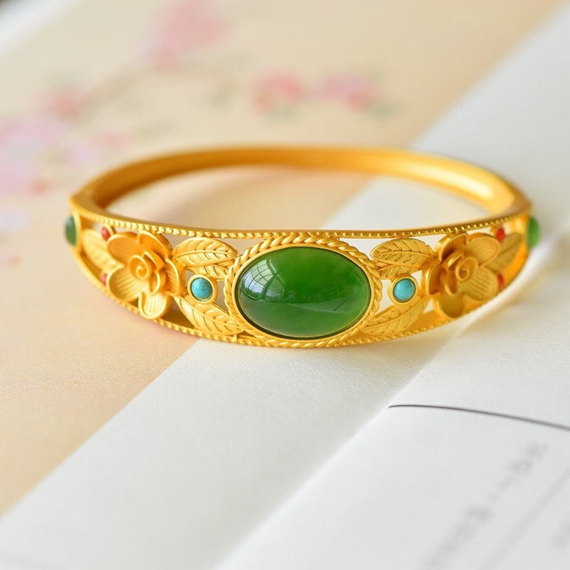 Bracelet en jade Harmony Luck avec motif de feuilles et de fleurs