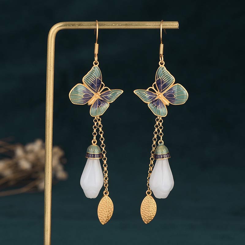 Boucles d'oreilles pendantes Feng Shui Fortune en jade blanc 80 mm