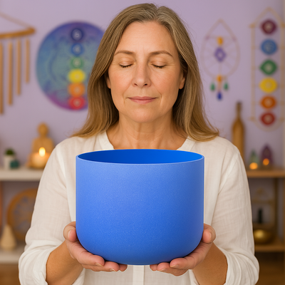 Bol chantant en cristal bleu pour le chakra de la gorge pour dormir - note G