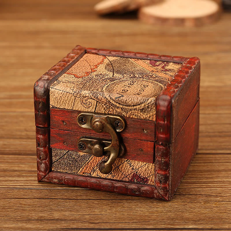 Retro Small Square Wood Jewelry Box with Lotus Design