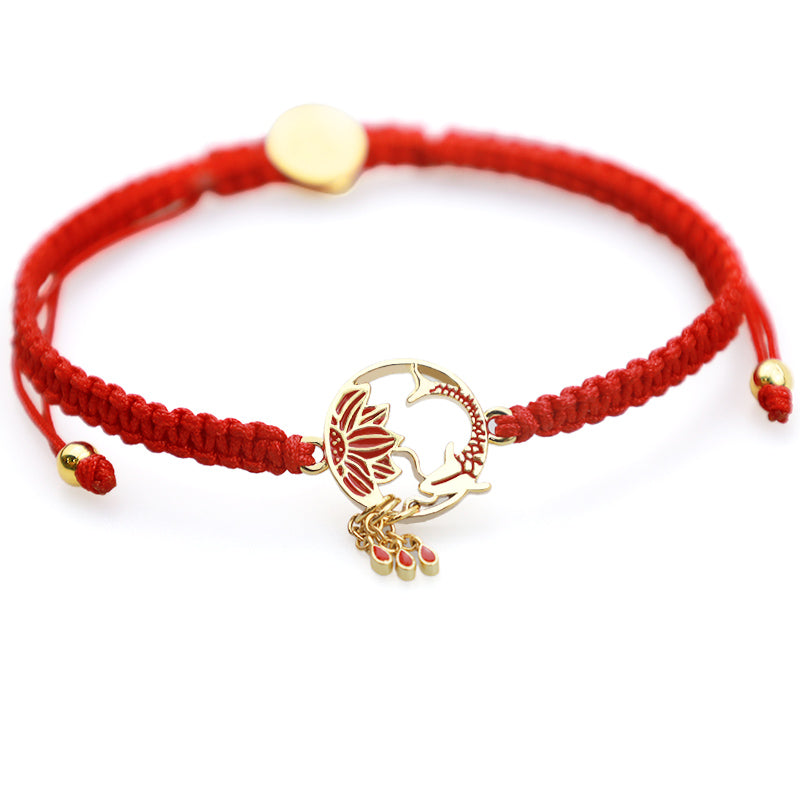 Bracelet porte-bonheur unisexe en fil rouge motif poisson koi et lotus