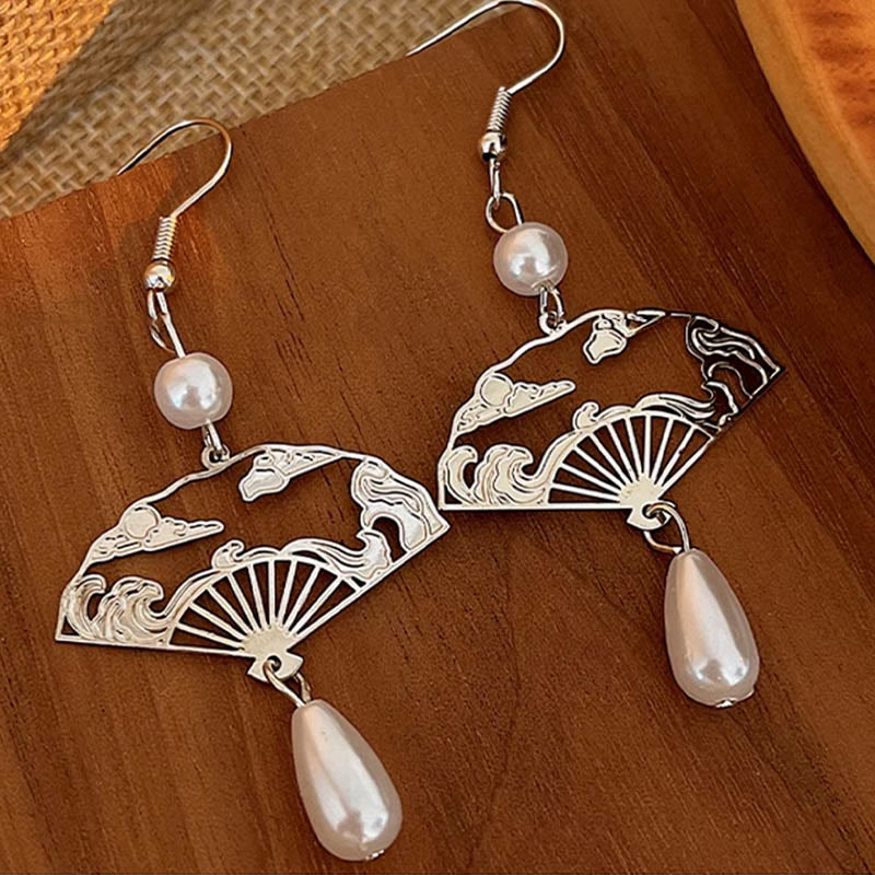 Copper Fan Pearl Drop Earrings | Prosperity & Protection