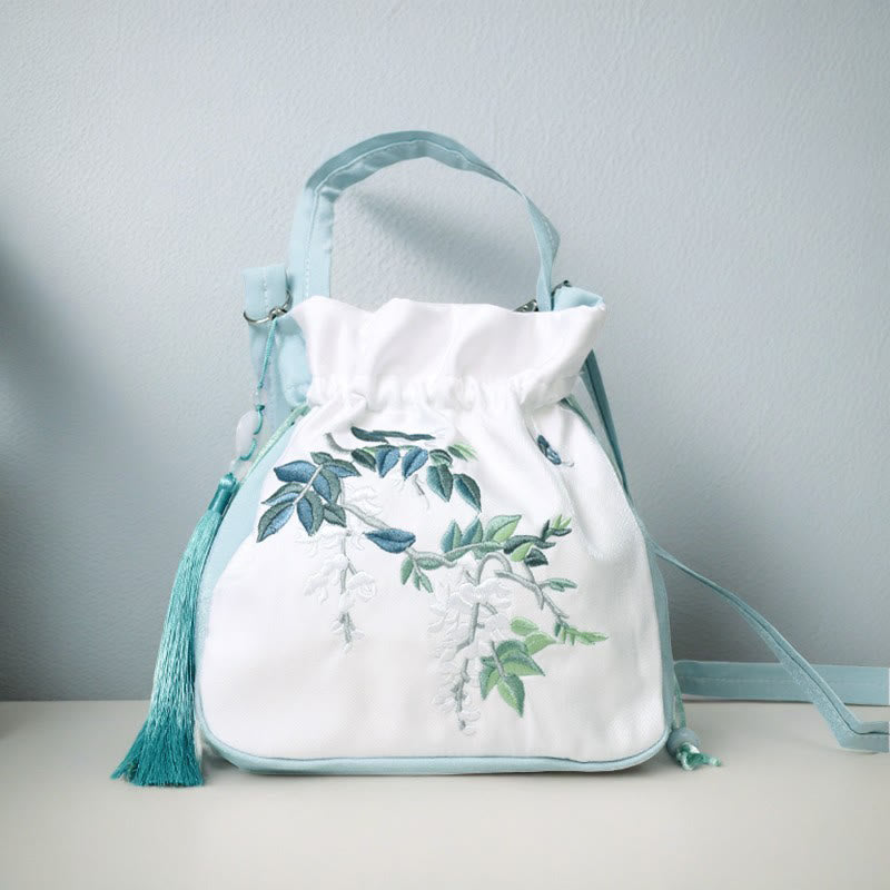 Sac fourre-tout en coton et lin brodé avec des fleurs de glycine