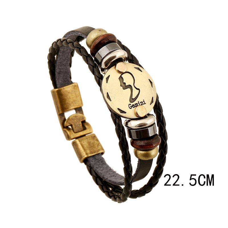 Bracelet à breloques en cuir hématite avec 12 constellations du zodiaque