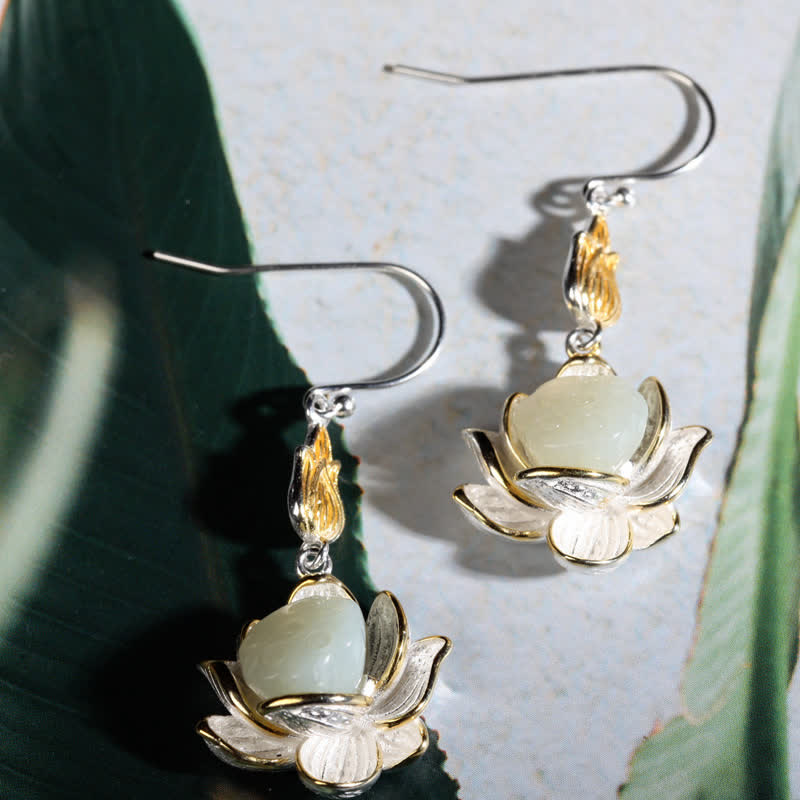 Boucles d'oreilles pendantes Lotus Harmonie Protection Jade Blanc